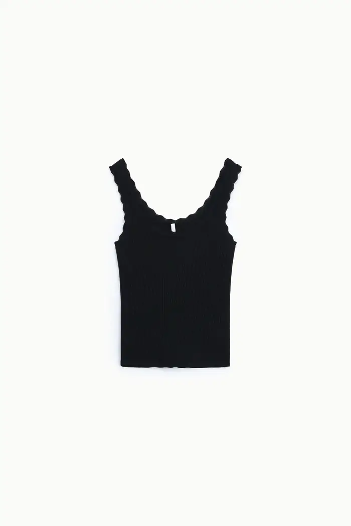 Top senza maniche scollo arrotondato lavorazione a costine Nero