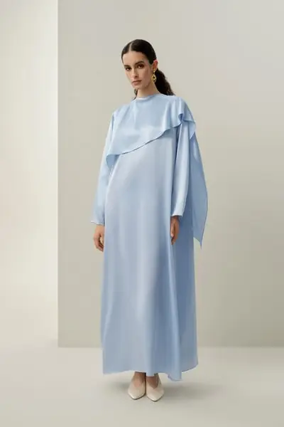 in stock Abito Maxi di Lusso in Seta Charmeuse Asimmetrico per Donne EURBlu Polveroso