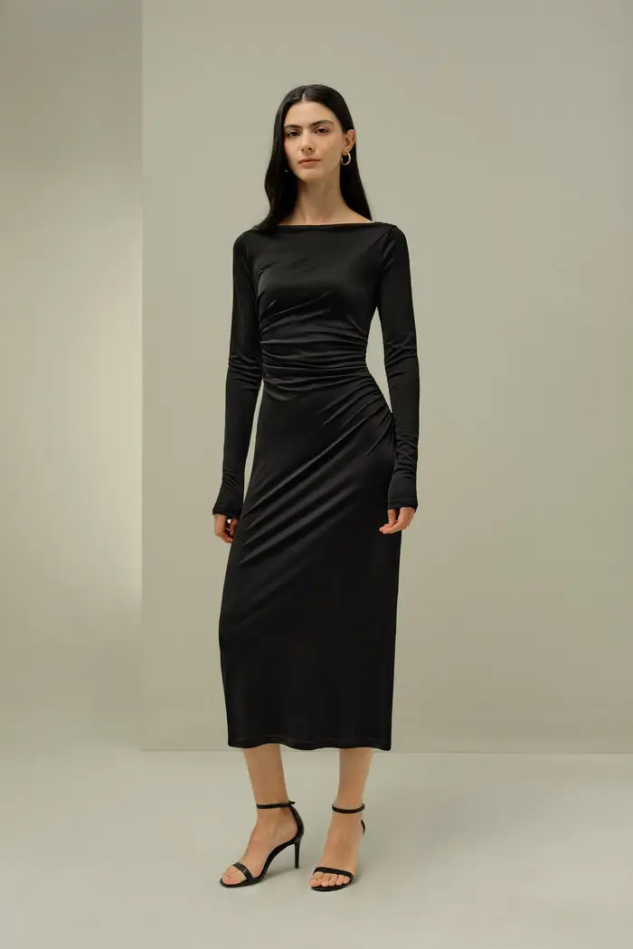 Abito Midi in Jersey di Seta con Ruching Elegante EURNero
