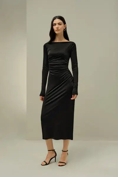 in stock Abito Midi in Jersey di Seta con Ruching Elegante EURNero