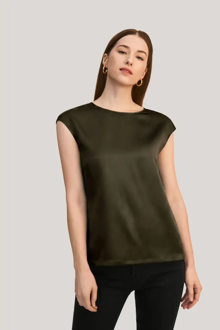 Basic T-shirt In Seta Con Maniche ad Aletta EUROliva scuro