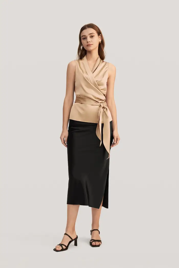 in stock Camicetta avvolgente in seta elegante da donna EURCammello chiaro