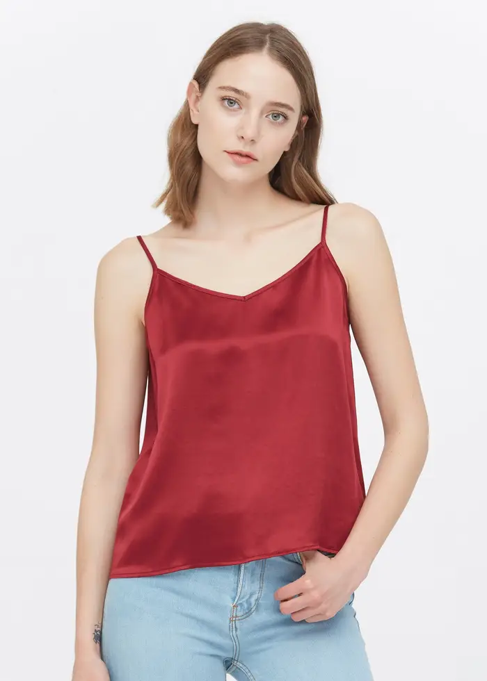 in stock Canotta in seta con scollo a V davanti e dietro EURVioletto Rosso