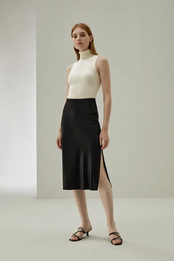 in stock Gonna di papavero in seta dall estetica minimalista EURNero