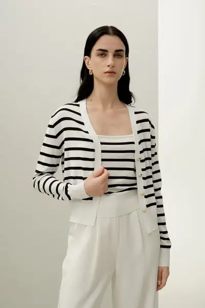 in stock Lussuoso Set Cardigan Maglia a Righe Seta-Cotone per Donna EURStrisce bianche e nere
