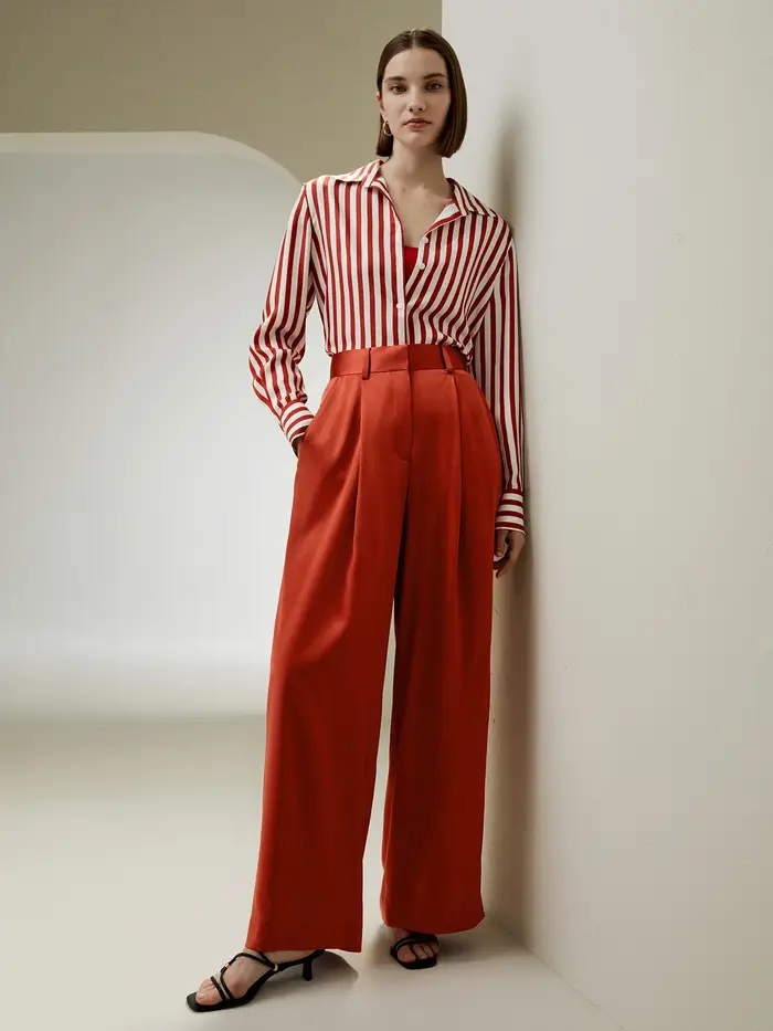 in stock Pantaloni a vita alta in seta densa a gamba larga EURRosso mattone