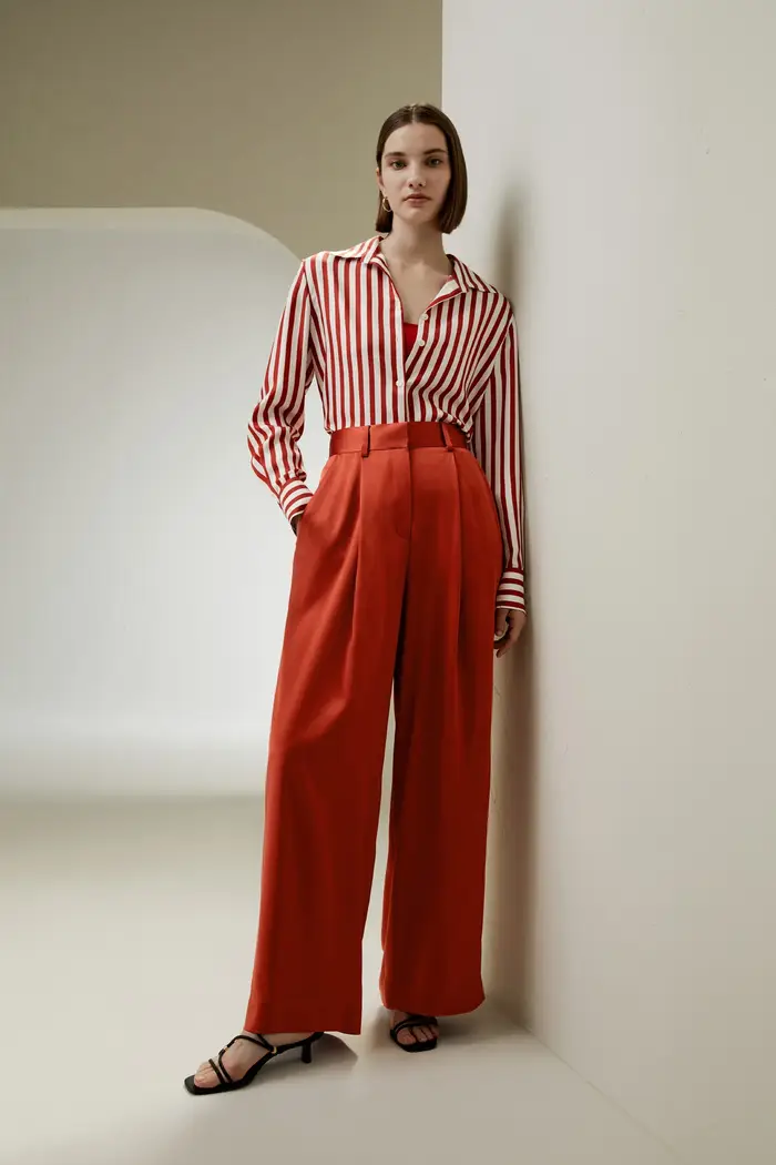 in stock Pantaloni a vita alta in seta densa a gamba larga EURRosso mattone