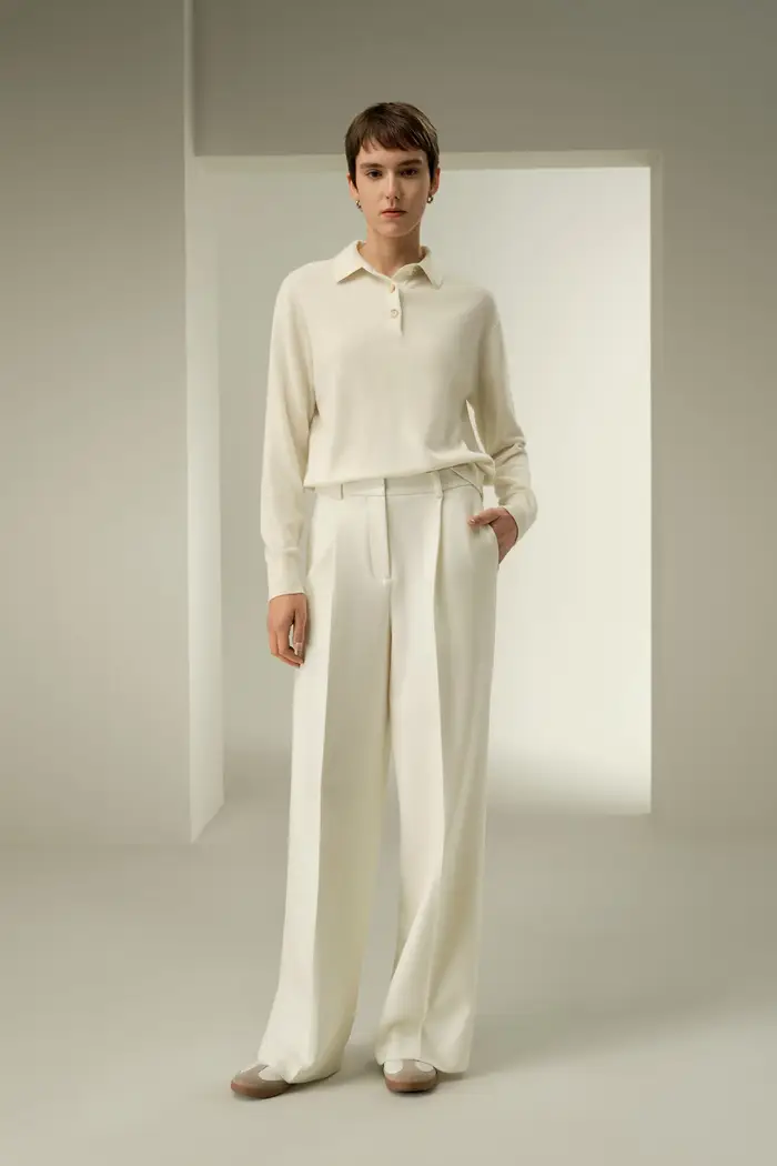 in stock Pantaloni in tessuto misto seta e lana a quadretti EURBianco Fumo