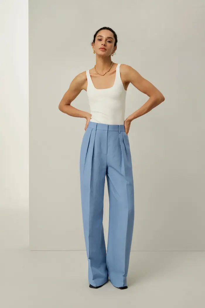 in stock Pantaloni Seta Lino Gamba Larga - Pantaloni Estivi Traspiranti EURBlu Chambray