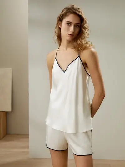 in stock Set pigiama a canotta con bordino a contrasto in pelle scamosciata di seta EURBianco Naturale