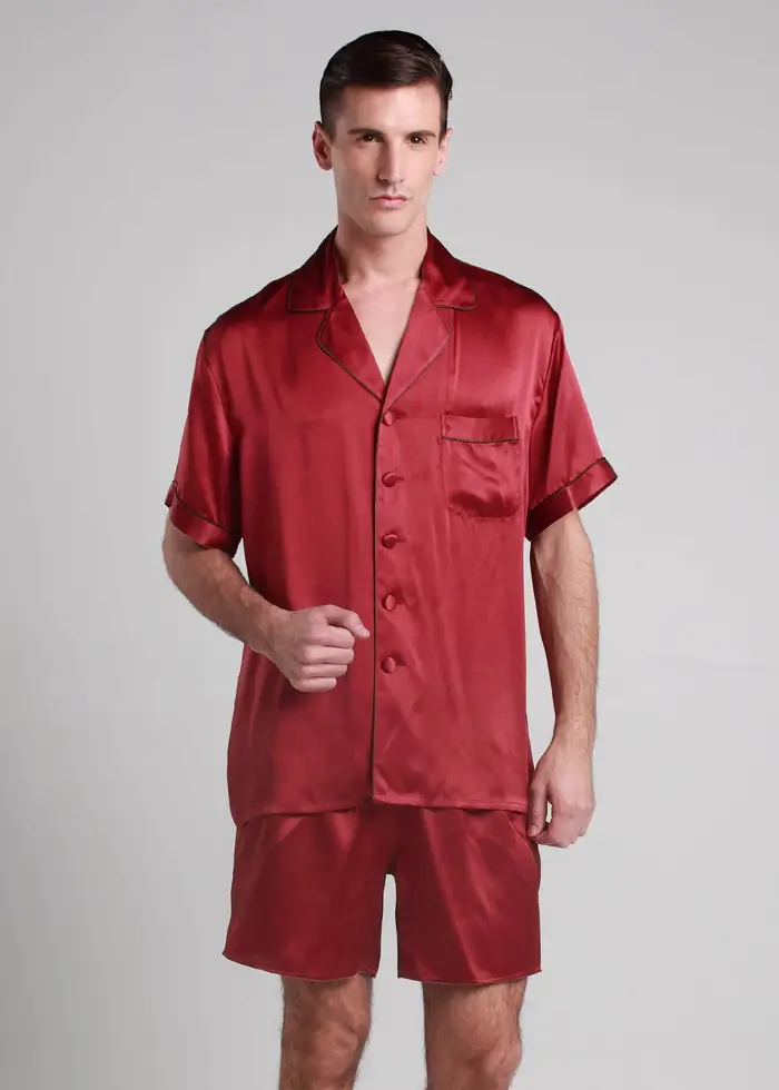 Set pigiama corta di seta da uomo con motivo a contrasto EURVioletto Rosso