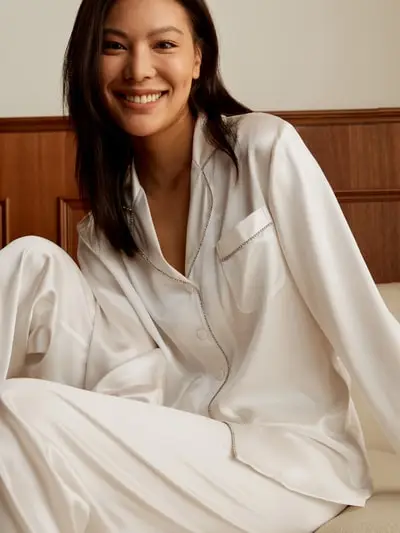 in stock Set pigiama donna in seta con strass EURBianco Naturale