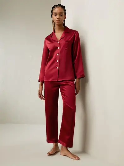 in stock Set pigiama in seta a tutta lunghezza EURVioletto Rosso