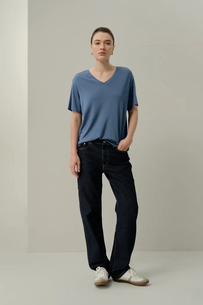 T-shirt basic a girocollo in jersey Silk Breeze EURBlu Polvere