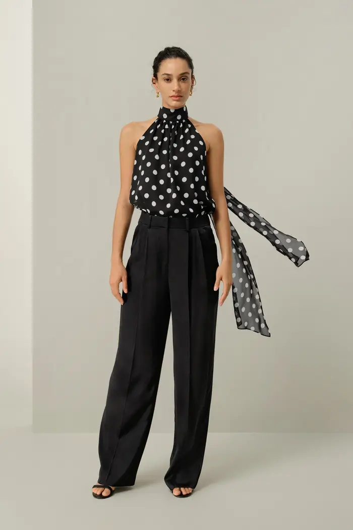 Top Halter Convertibile in Georgette di Seta a Pois EURPuntini Bianchi con Nero