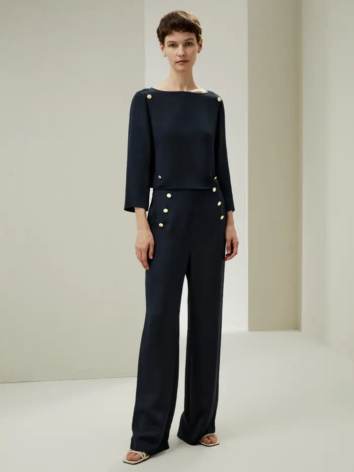 in stock Top in seta Dubrovnik con maniche a 3/4 e bottoni - Camicette di seta di lusso EURBlu Notte