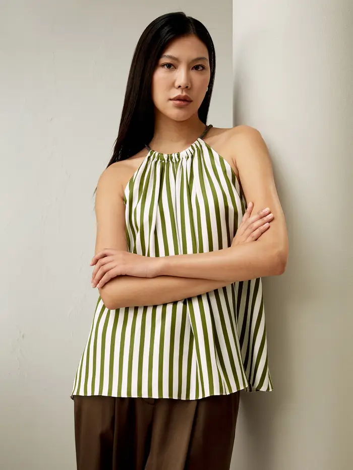 in stock Top in seta senza maniche a righe con scollo ad aletta EURGessato verde