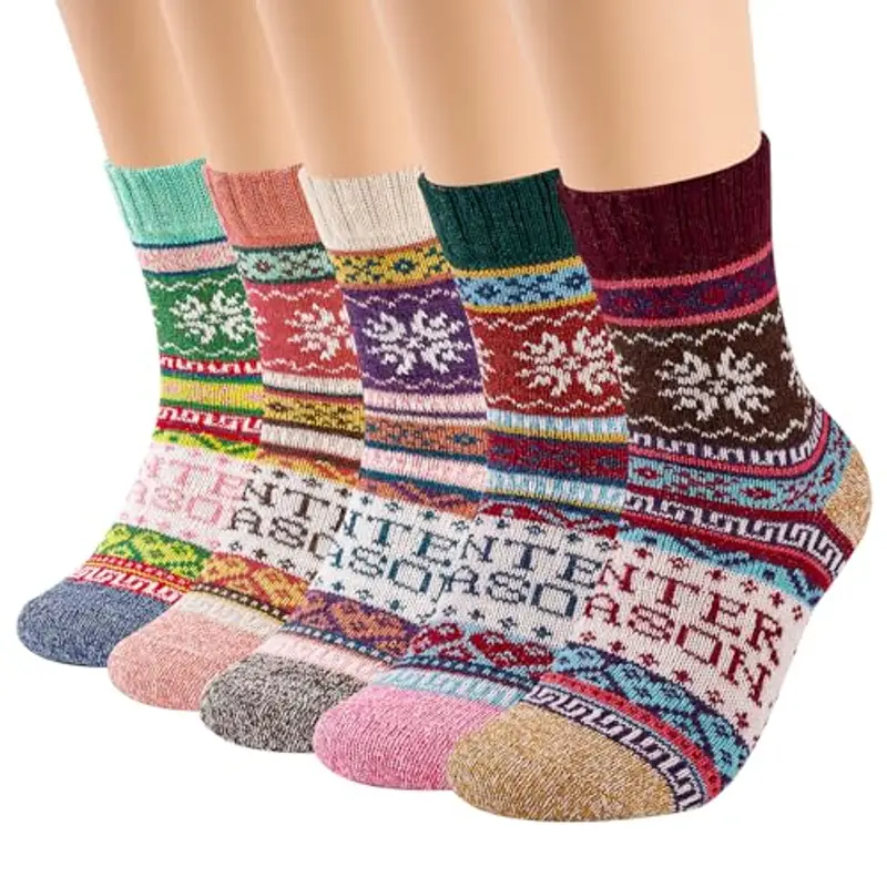 inaWarm Calzini termici da donna, 5 paia, spessi e caldi, in lana, traspiranti, colorati e confortevoli, ideali come