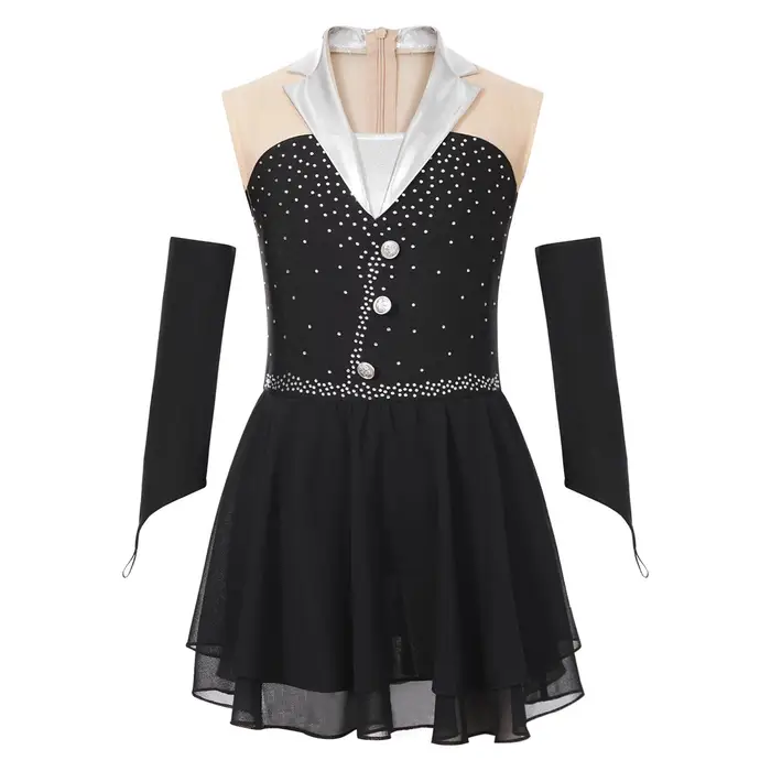 Abito da Pattinaggio Scintillante da Ragazza Senzamaniche Patchwork Un Pezzo con Guanti Senza Dita Mutandine Integrate Costume da Performance 5-6 Years nero