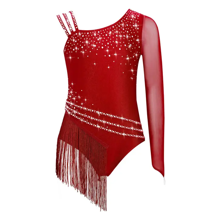 inhzoy Body da ginnastica da bambina con strass scintillanti e frange, body asimmetrico con frange, costume da competizione di pattinaggio