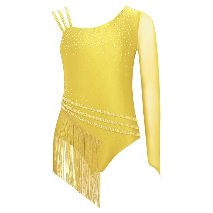 inhzoy Body da ginnastica da bambina con strass scintillanti e frange, body asimmetrico con frange, costume da competizione di pattinaggio