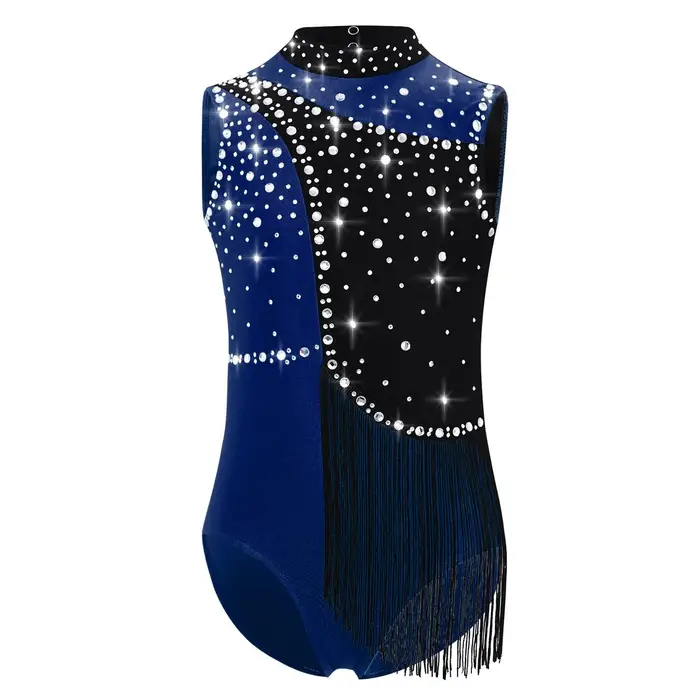 Body Ginnastica Artistica da Ragazza Color Block Collo Alto Senza Maniche Schiena a Goccia Strass Lucidi Nappe 13-14 Years colore blu navy