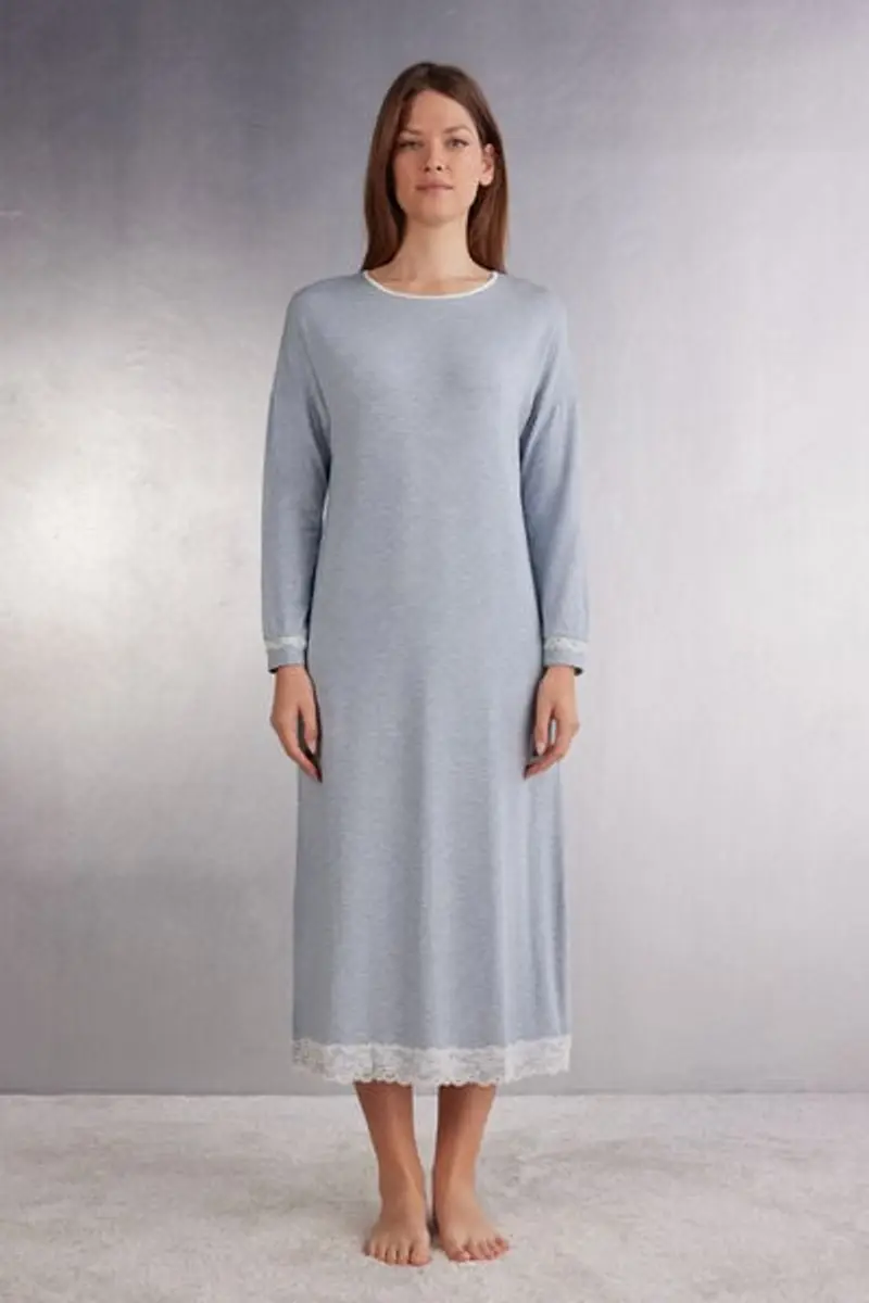 Intimissimi Camicia da Notte Lunga con Dettagli in Pizzo Donna Azzurro