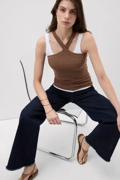 Canotta Incrocio in Cotone Superior a Costine Donna Naturale