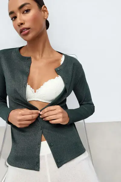 Intimissimi Cardigan a Costine in Cotone Lamè Donna Verde