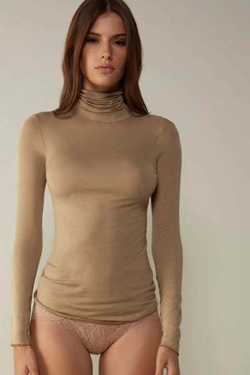 Intimissimi Maglia in Modal Ultralight con Cashmere Collo Alto Donna Marrone