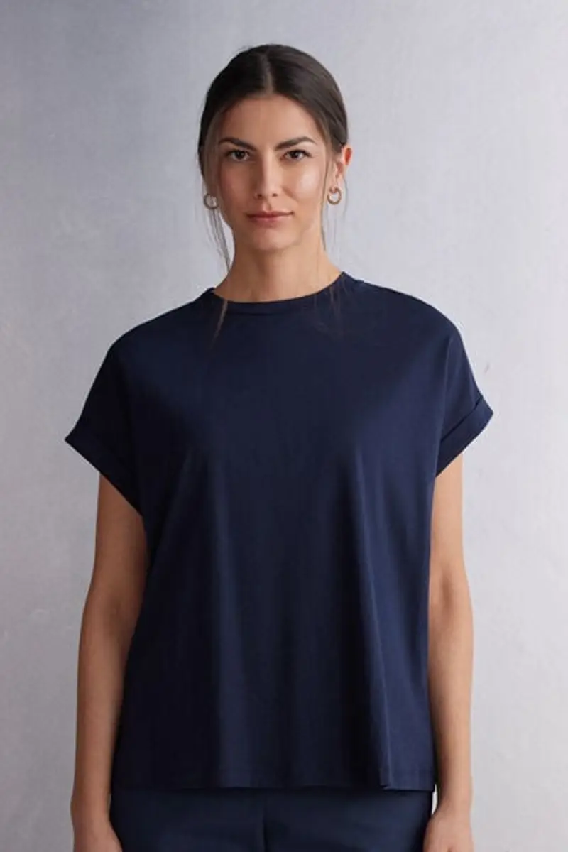 Intimissimi Maglia Manica Corta con Risvolto in Cotone Ultrafresh Donna Blu