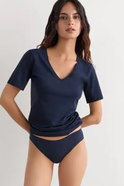 Intimissimi Maglia Manica Corta con Scollo a V in Cotone Ultrafresh Donna Blu