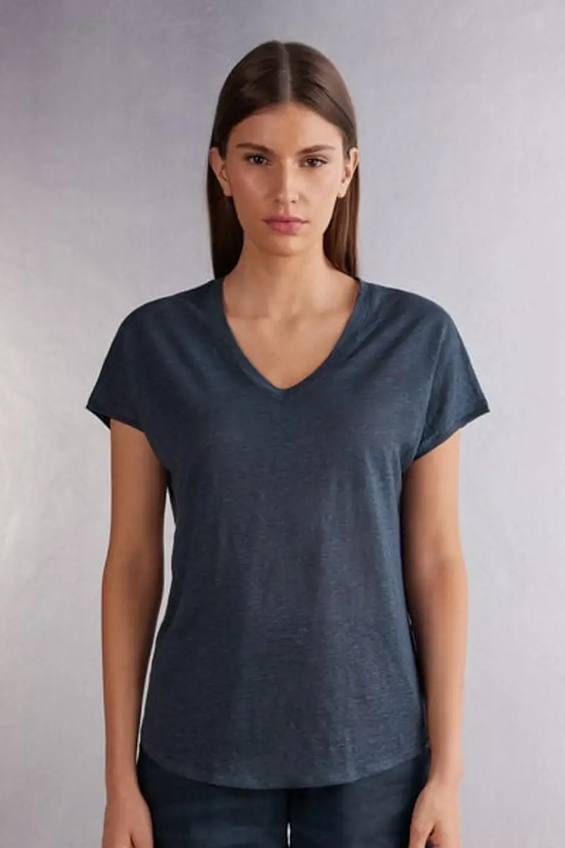 Intimissimi Maglia Manica Corta con Scollo a V in Lino The Pure Linen Donna Blu