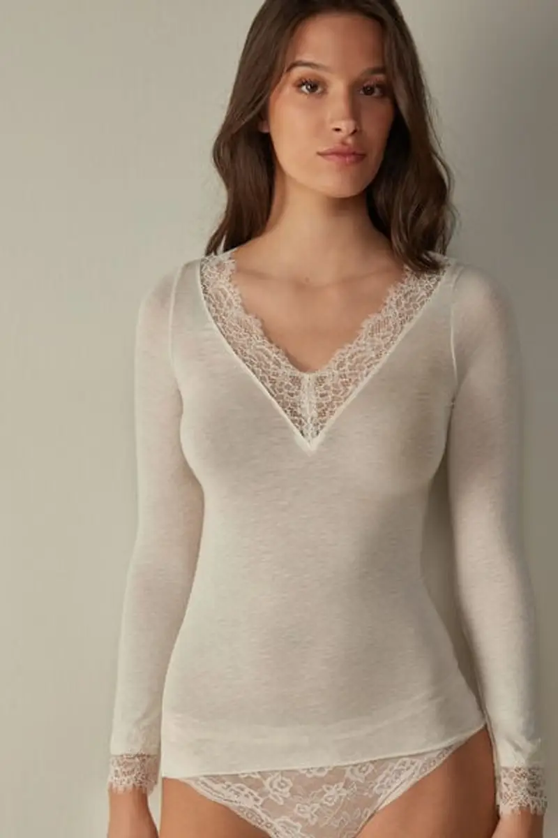 Intimissimi Maglia Scollo a V in Modal con Cashmere Ultralight e Pizzo Donna Avorio