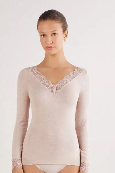 Intimissimi Maglia Scollo a V in Modal con Cashmere Ultralight e Pizzo Donna Beige