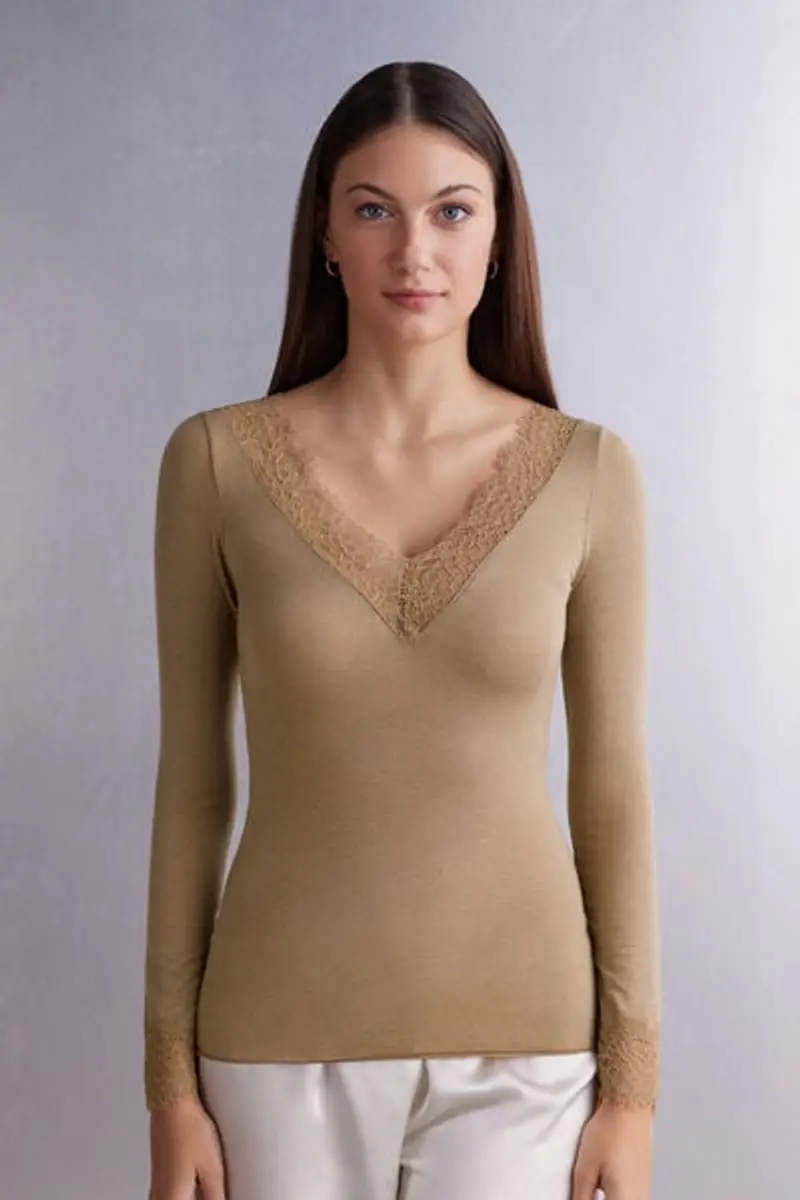 Intimissimi Maglia Scollo a V in Modal con Cashmere Ultralight e Pizzo Donna Marrone