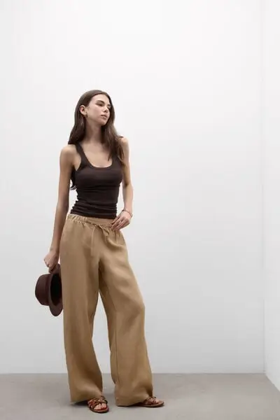 Intimissimi Pantalone Lungo con Coulisse in Tela di Lino The Pure Linen Donna Beige
