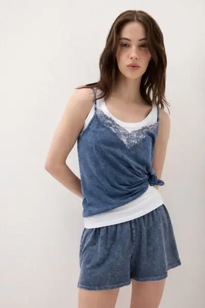 Intimissimi Top Cotone e Pizzo Denim Romance Donna Blu