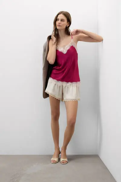 Intimissimi Top in Seta con Pizzo a Contrasto Donna Rosa