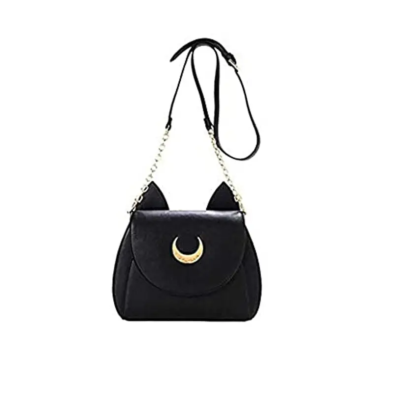 Itian Borsetta Messenger in Pelle, Borsetta con Simbolo della Mezzaluna e Orecchie di Gatto (Nero)