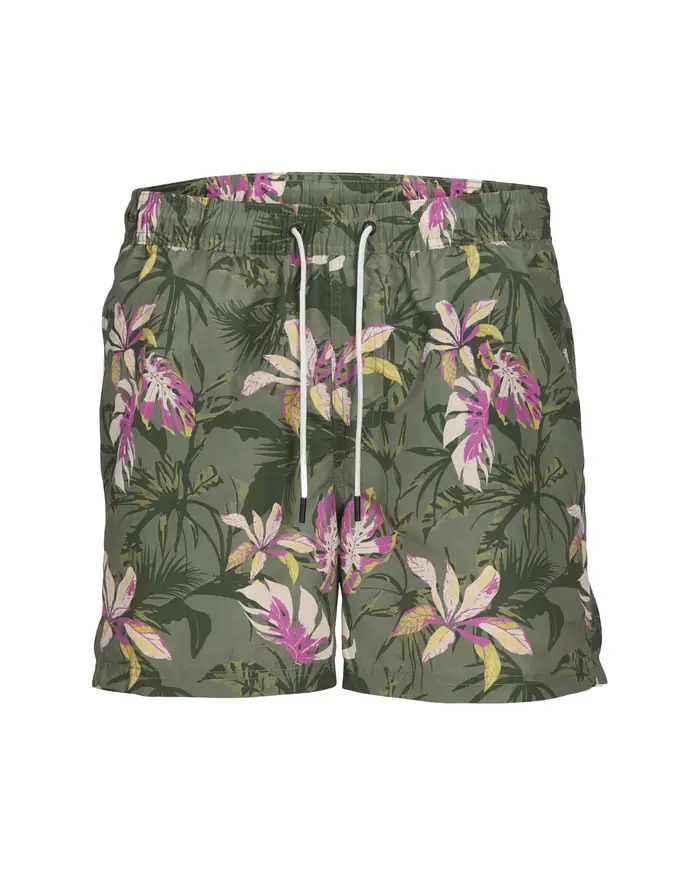 Boxer mare verde militare con fantasia floreale fucsia