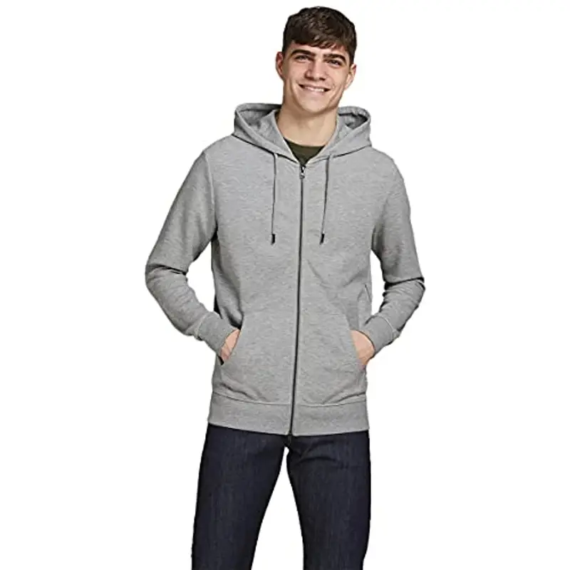 JACK & JONES Jjebasic Sweat Zip Hood Noos Felpa Sportiva con Cappuccio, Grigio (Light Grey Melange), L Uomo