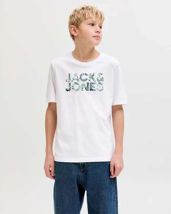 Jack & Jones T-shirt bianca in puro cotone con scritta logo tropicale