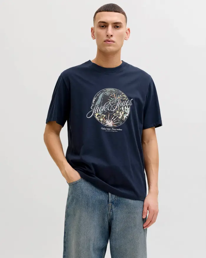 Jack & Jones T-shirt blu in cotone con stampa logo e fiori