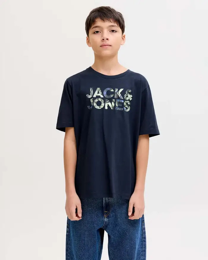 Jack & Jones T-shirt blu in puro cotone con scritta logo tropicale