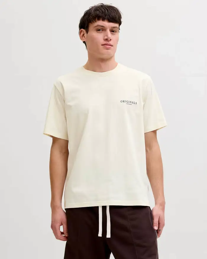 Jack & Jones T-shirt mezza manica avorio in cotone con stampa floreale sul retro