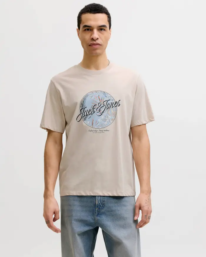 Jack & Jones T-shirt mezza manica beige in cotone con stampa logo floreale