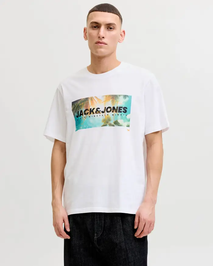 Jack & Jones T-shirt mezza manica bianca in cotone con stampa tropicale