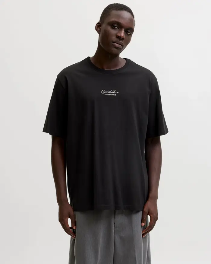 Jack & Jones T-shirt mezza manica nera in cotone con logo e stampa sul retro