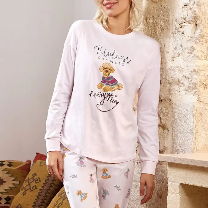 Jadea Pigiama girocollo puppy 5244 caldo cotone donna rosa
